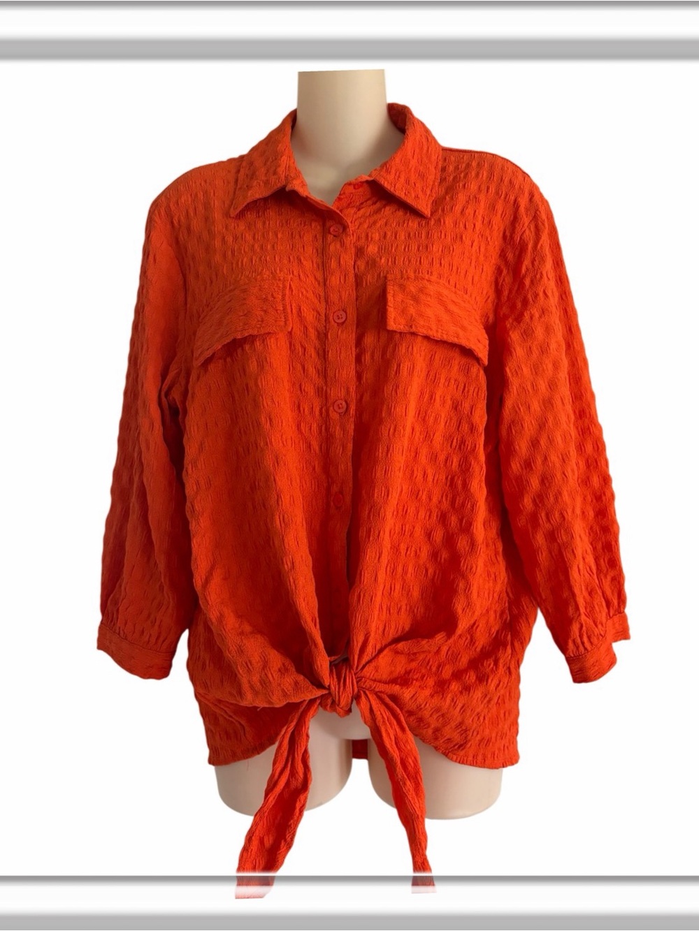 Wishing Waves Button Front Tie Hem Textured Blouse Size Large Orange 3/4 Sleeve